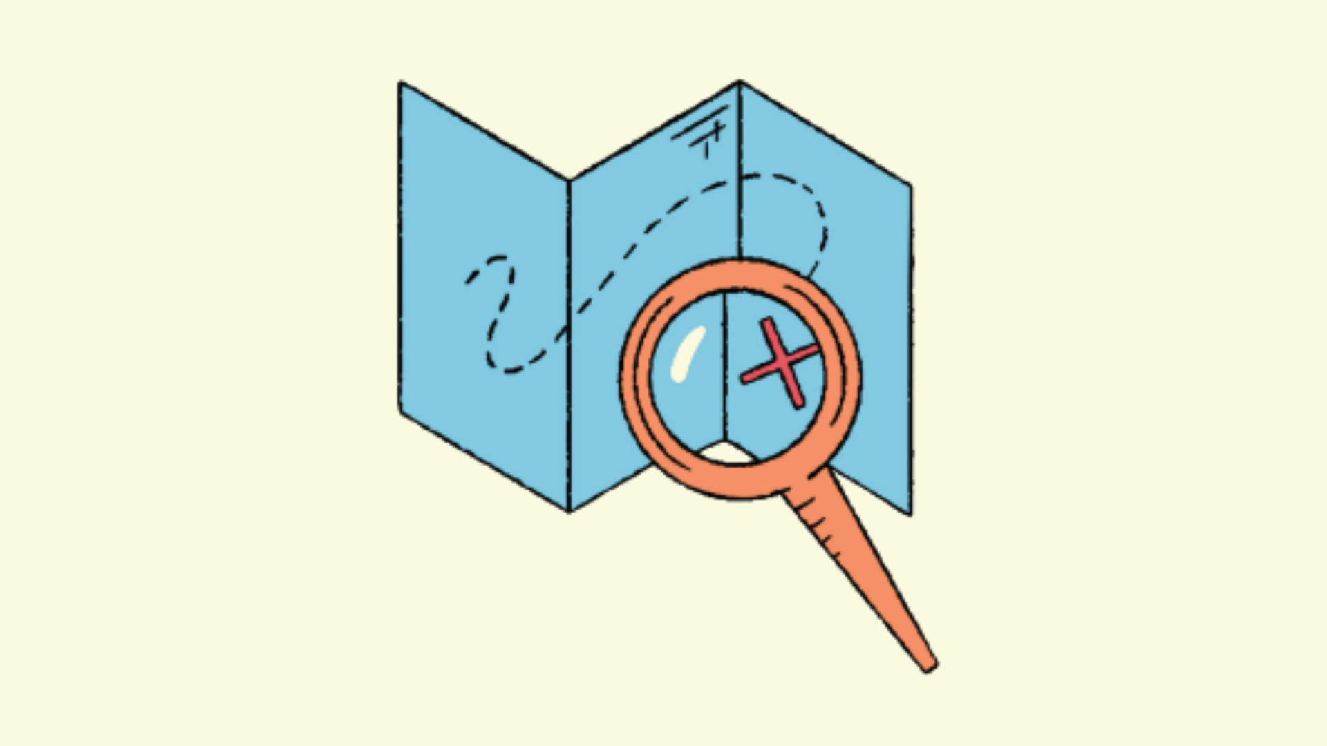 A cartoon picture of a map with a magnifying glass focusing on part of the map.
