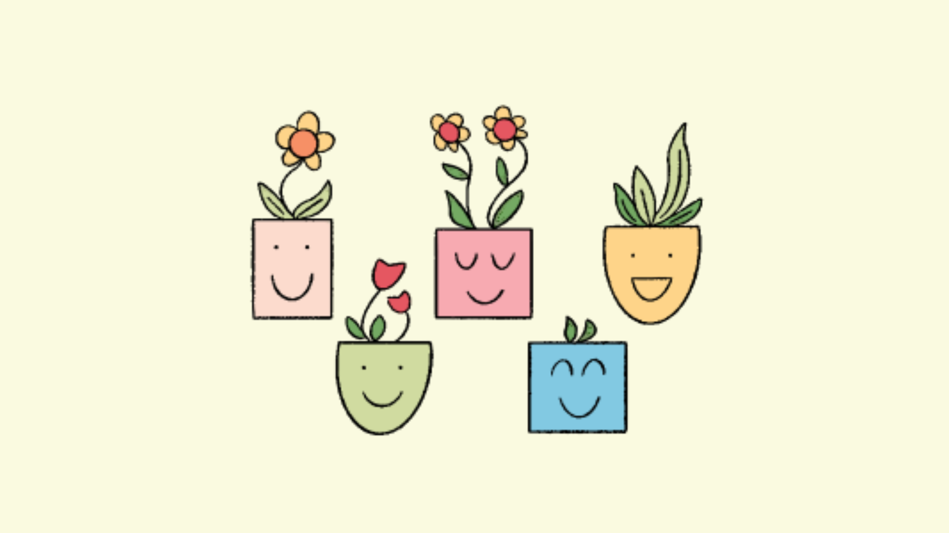 A cartoon picture of 5 different flowerpots containing different types of flowers. Each flower pot has a smiling face.