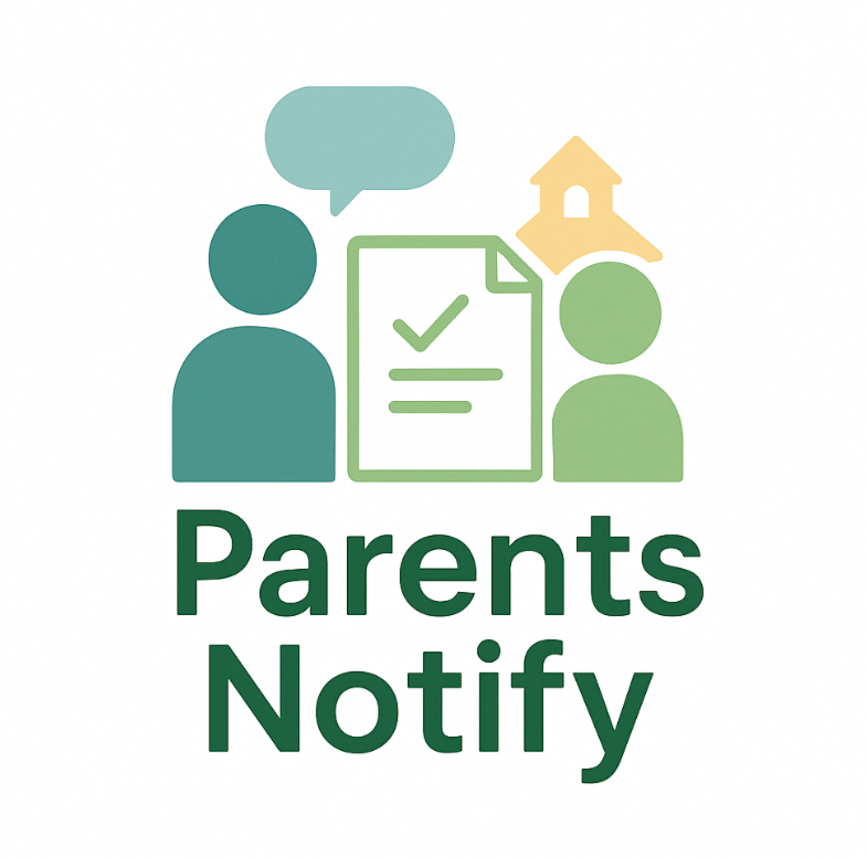 Parents Notify logo featuring two figures, a document with a checkmark, and a schoolhouse icon