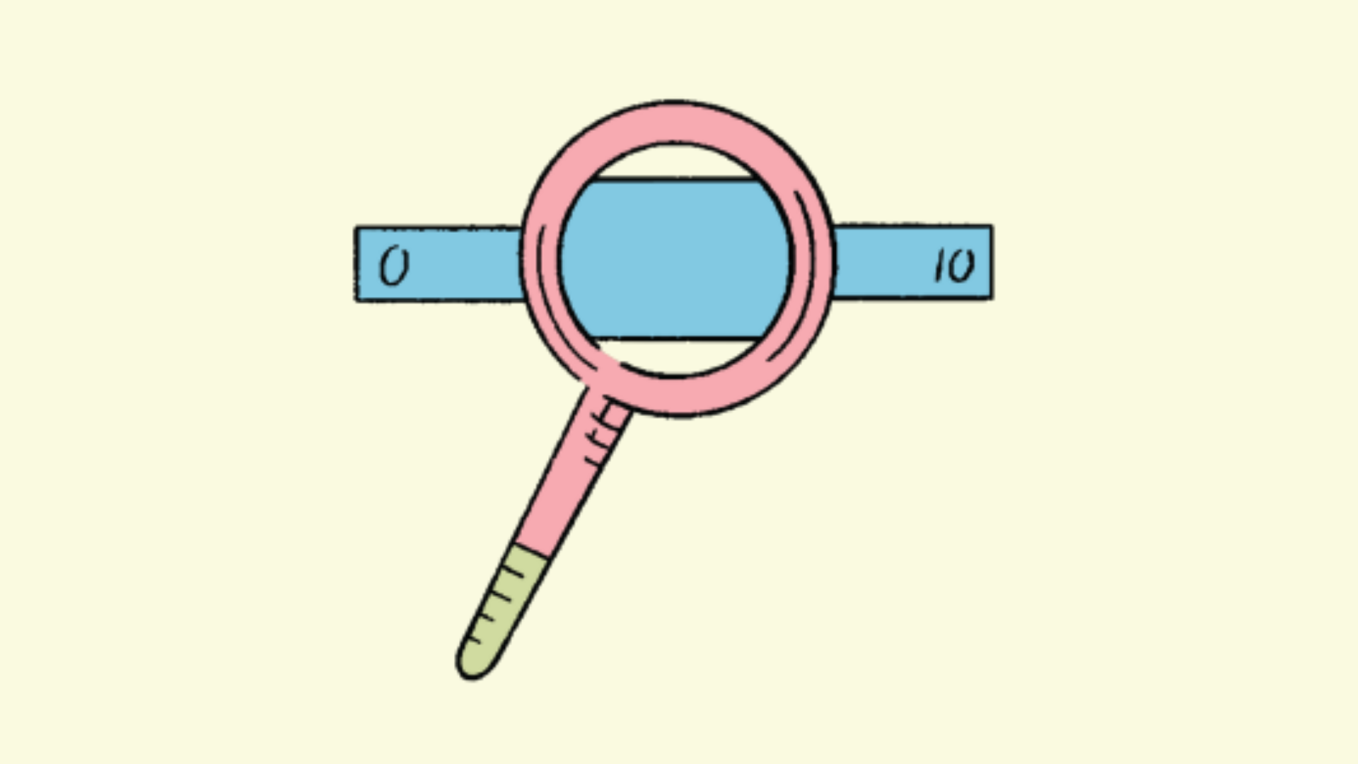 Cartoon picture of a blue bar with the number 0 at one end and the number 10 at the other end. A magnifying glass is focused on the centre of the bar.