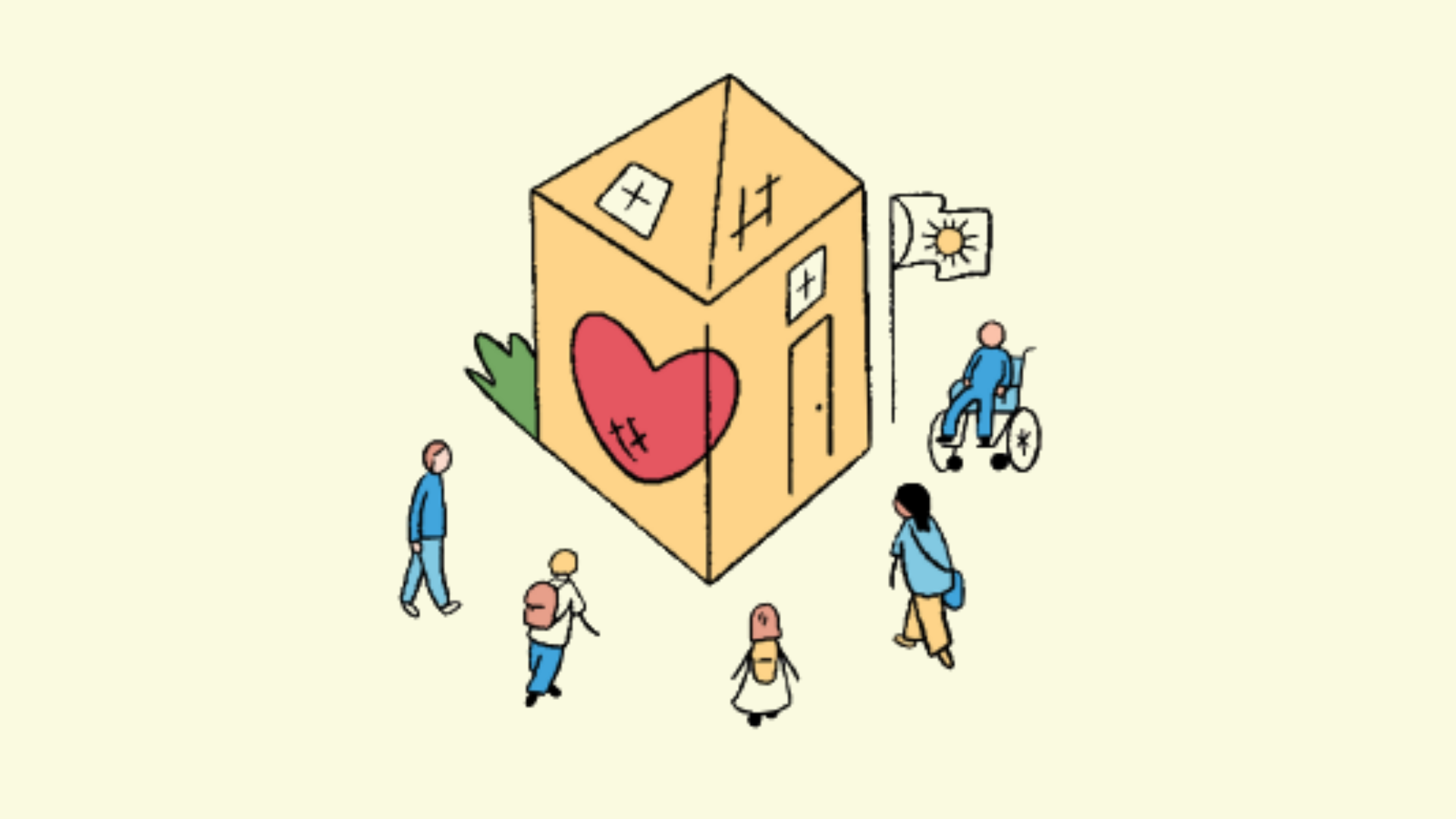 Cartoon picture of a school with a loveheart painted on the wall. Staff and children are moving towards the school.