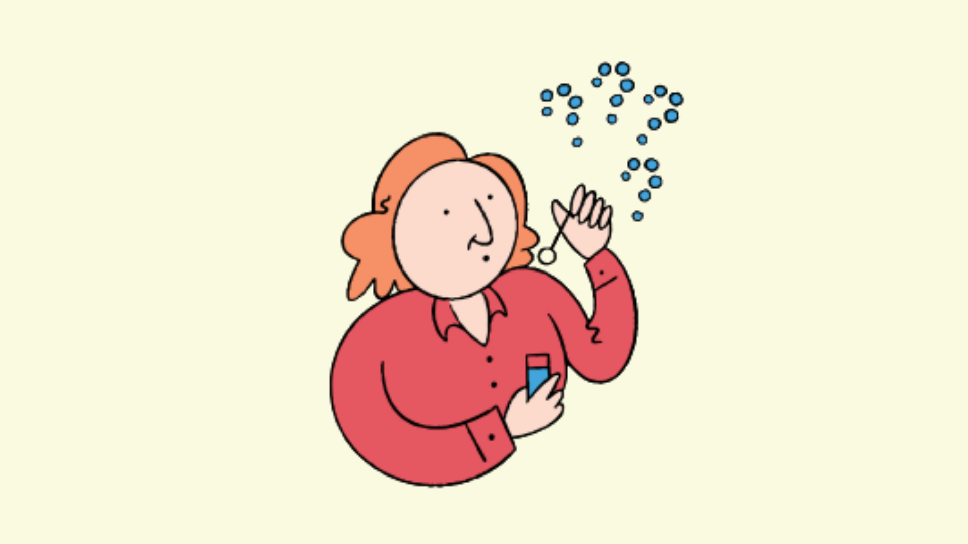 A picture of a female cartoon character blowing bubbles shaped like question marks. Character is a teacher.