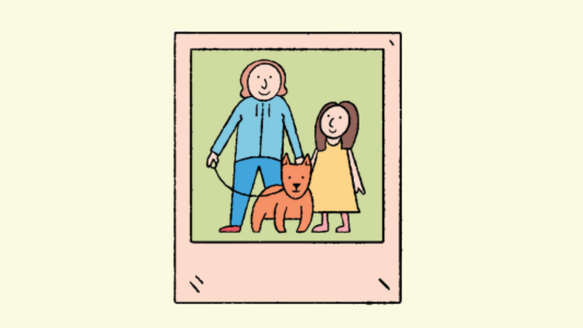 A cartoon family photograph showing a parent, a child and a dog standing side by side