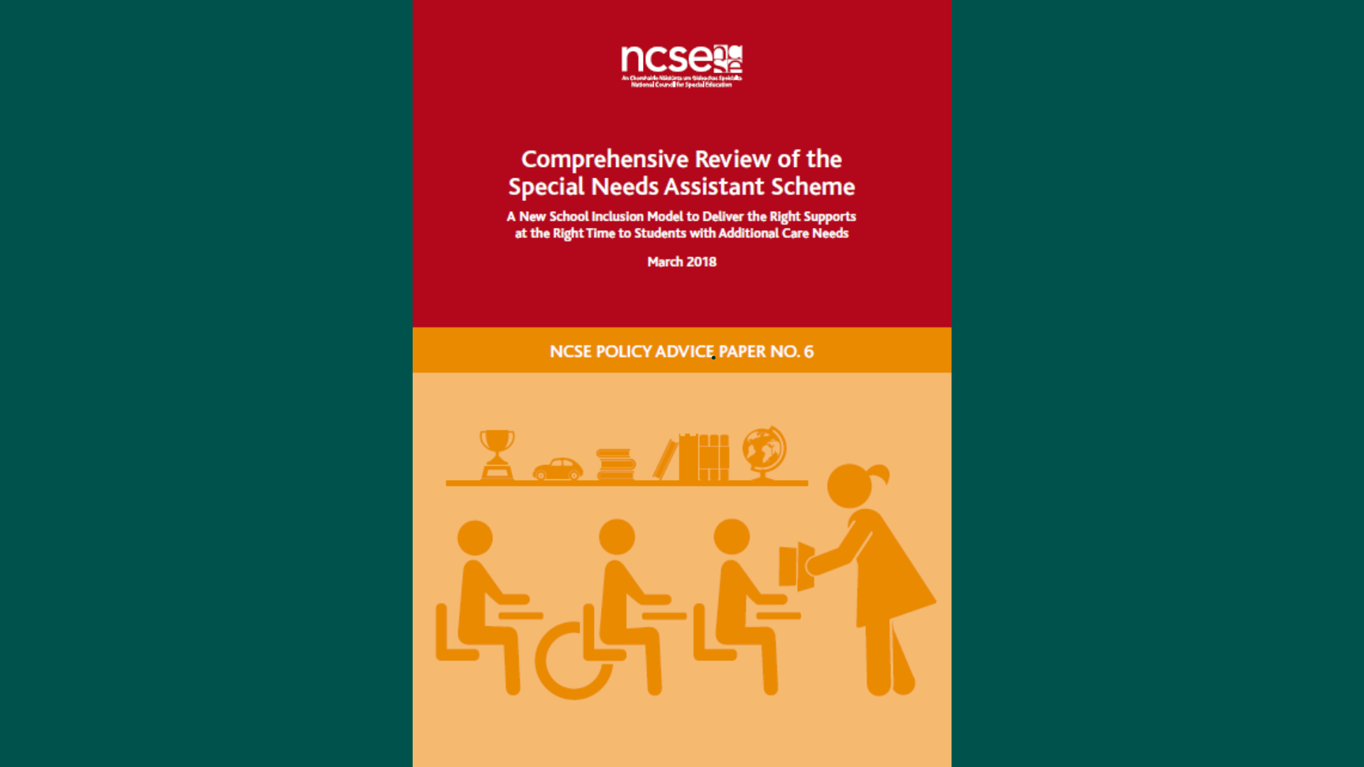 Cover page of the NCSE policy advice paper titled "Comprehensive Review of the Special Needs Assistant Scheme," March 2018