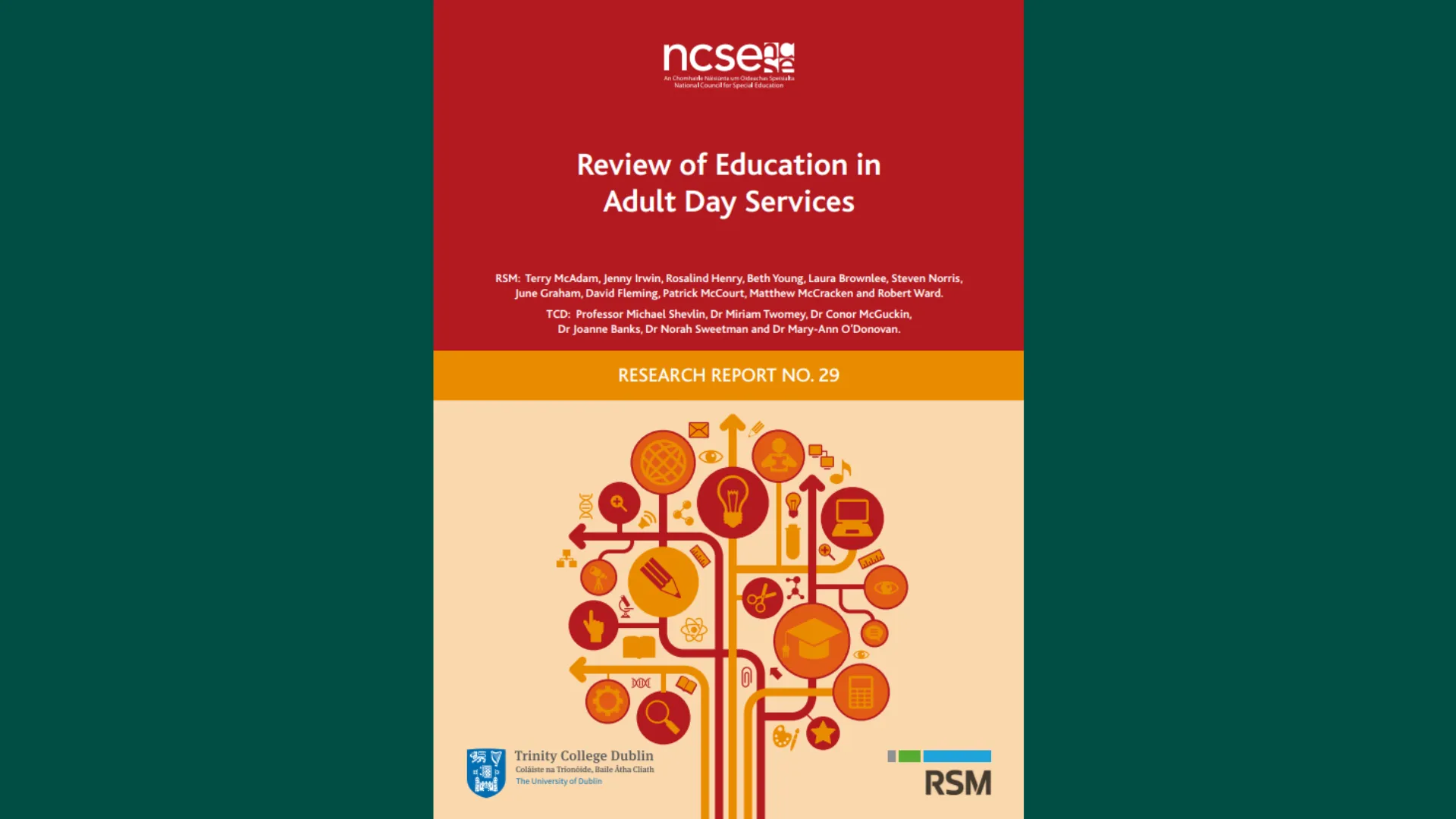 Cover page of the research report titled "Review of Education in Adult Day Services" by NCSE, featuring a tree-like graphic with educational icons and logos of Trinity College Dublin and RSM.
