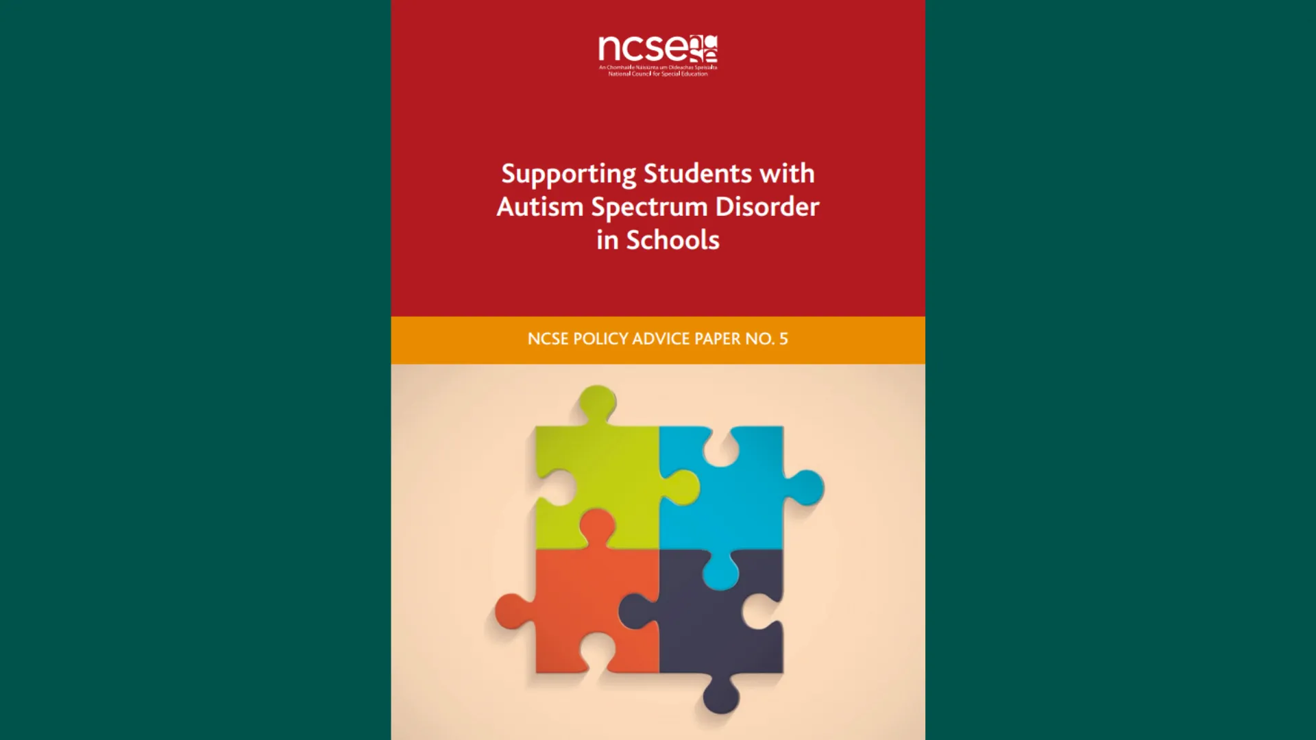 Cover of NCSE policy advice paper titled "Supporting Students with Autism Spectrum Disorder in Schools"