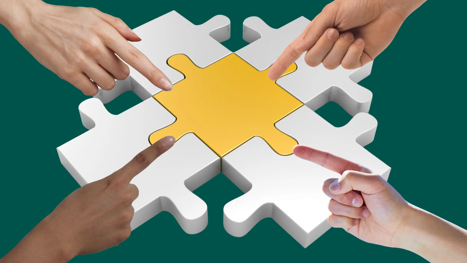 Four hands pointing at a yellow puzzle piece in the center of white puzzle pieces