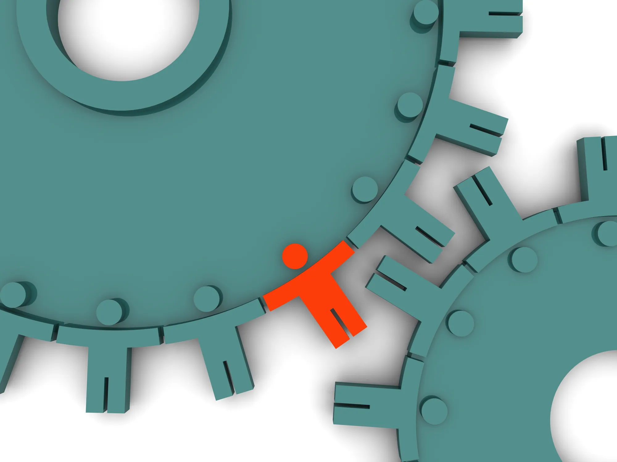 Red human icon as a gear tooth between two large teal gears