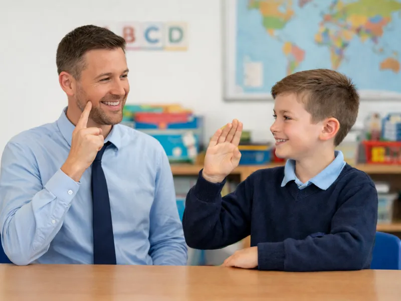 Adult and child using sign language in a classroom