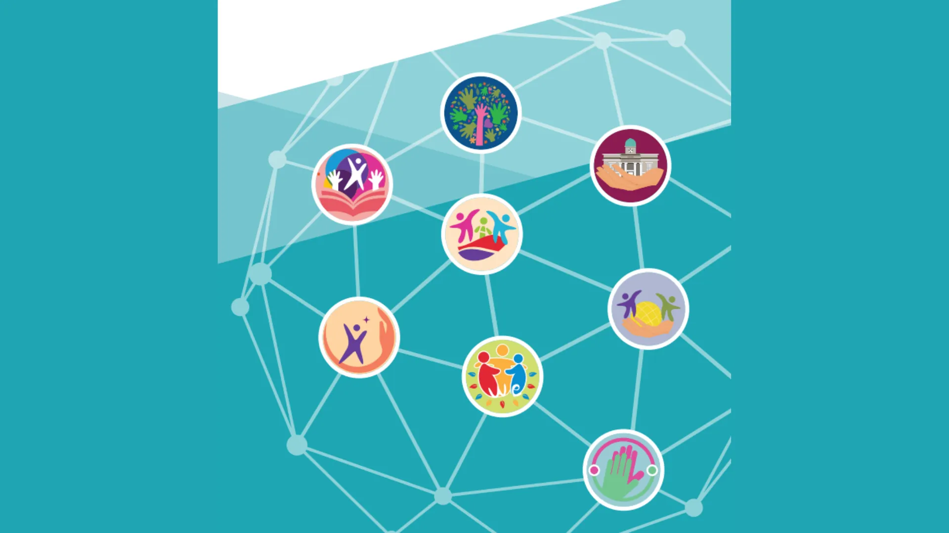 Colorful interconnected icons representing community, teamwork, and collaboration