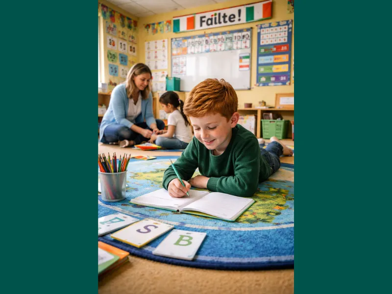 Child writing in notebook on classroom rug with teacher and student in background