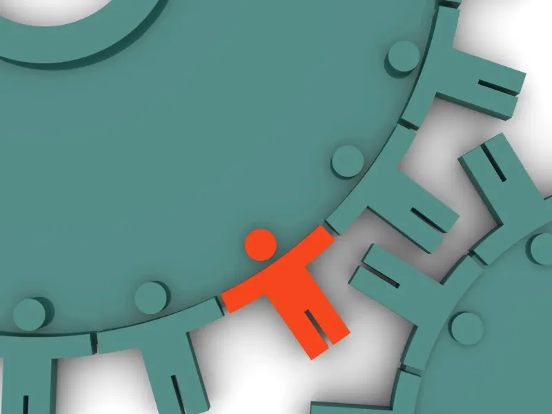 Illustration of interlocking gears with human-shaped figures depicting teamwork