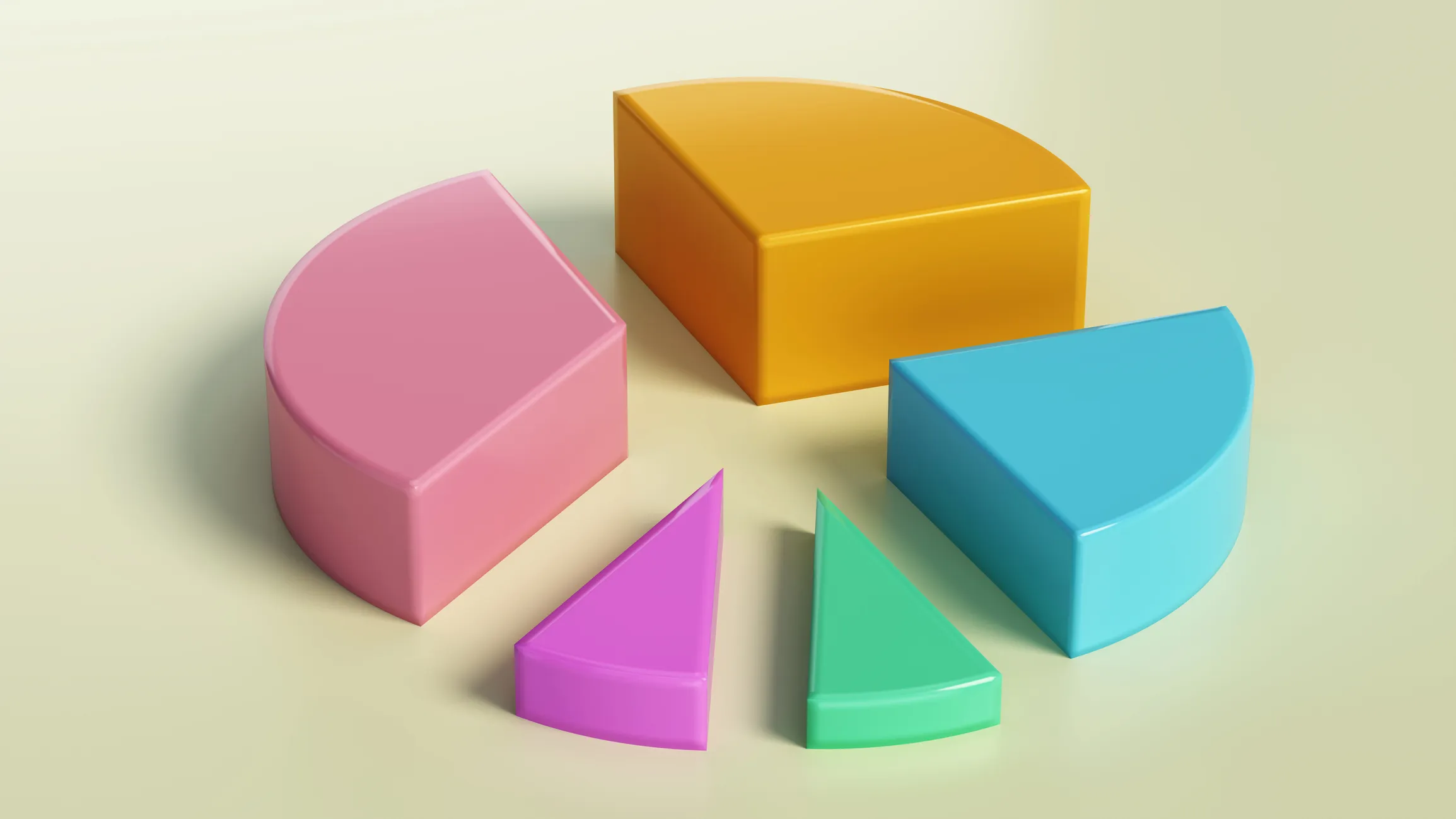 3D pie chart with six colourful segments in different sizes
