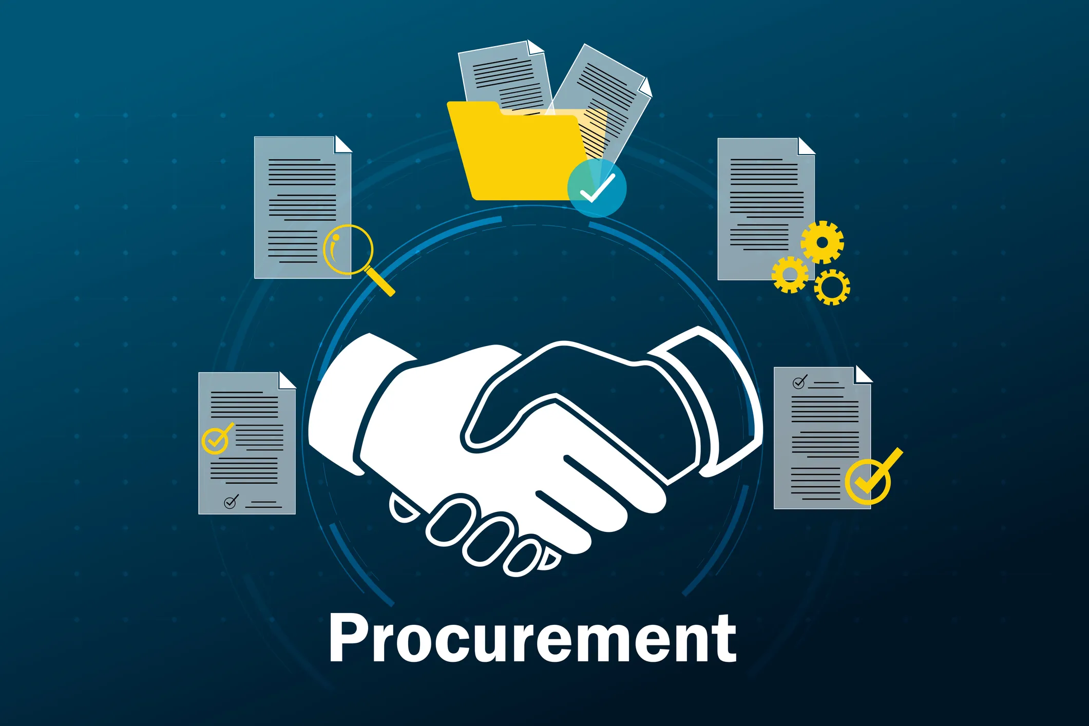 Illustration of a handshake surrounded by documents, folder, and icons representing procurement process