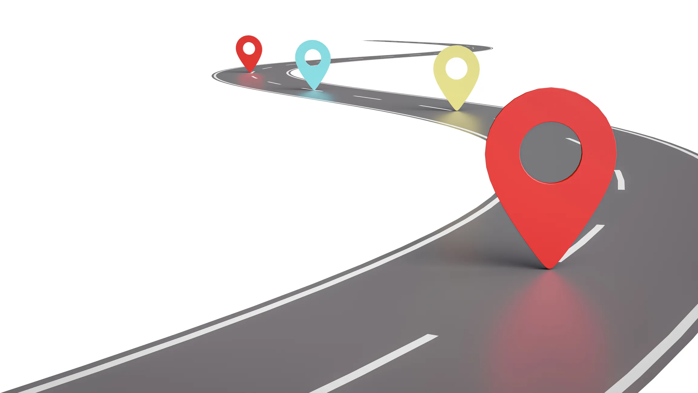 Winding road with colourful location markers along the path