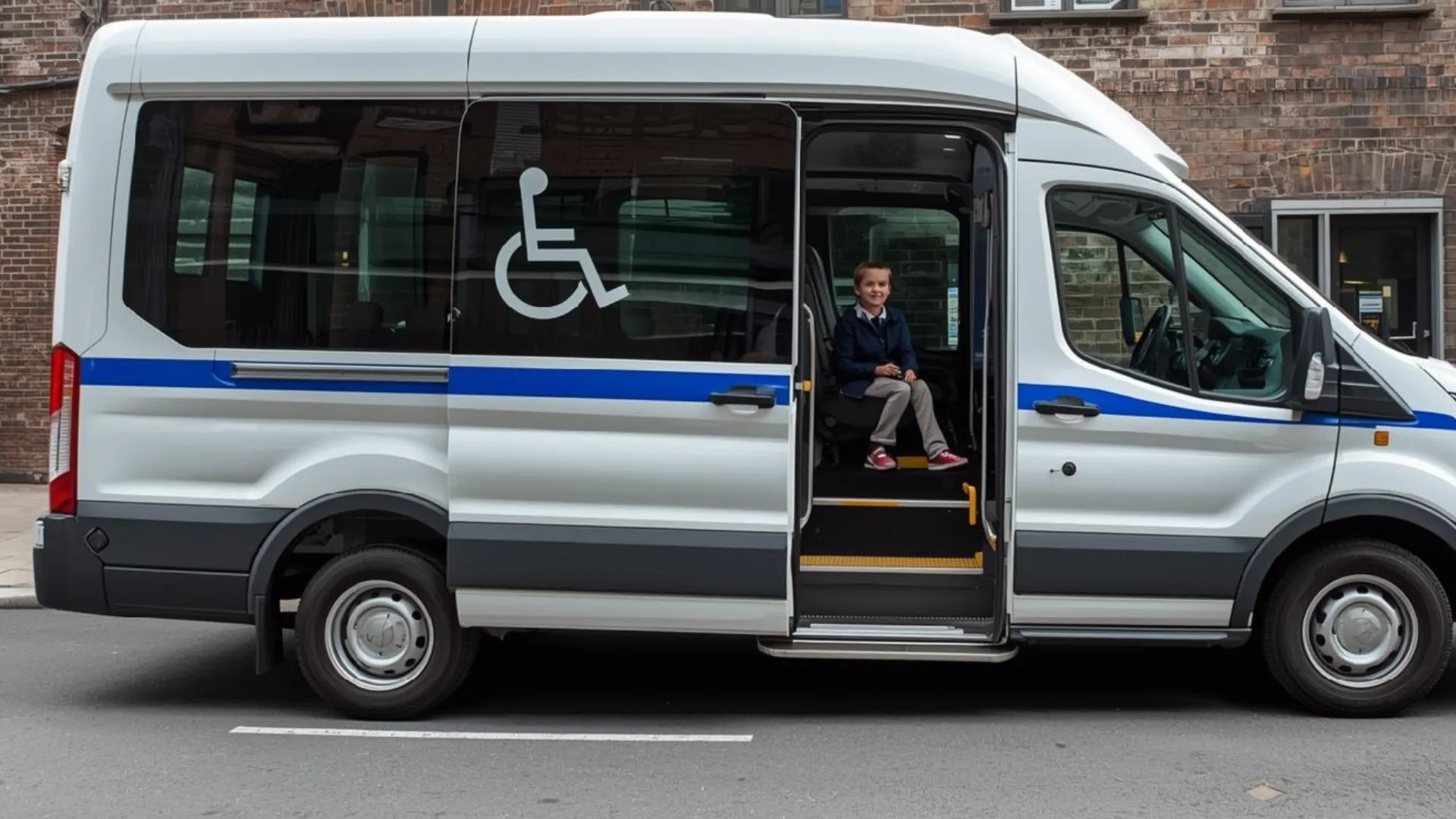 White wheelchair-accessible minibus with door open and person seated inside