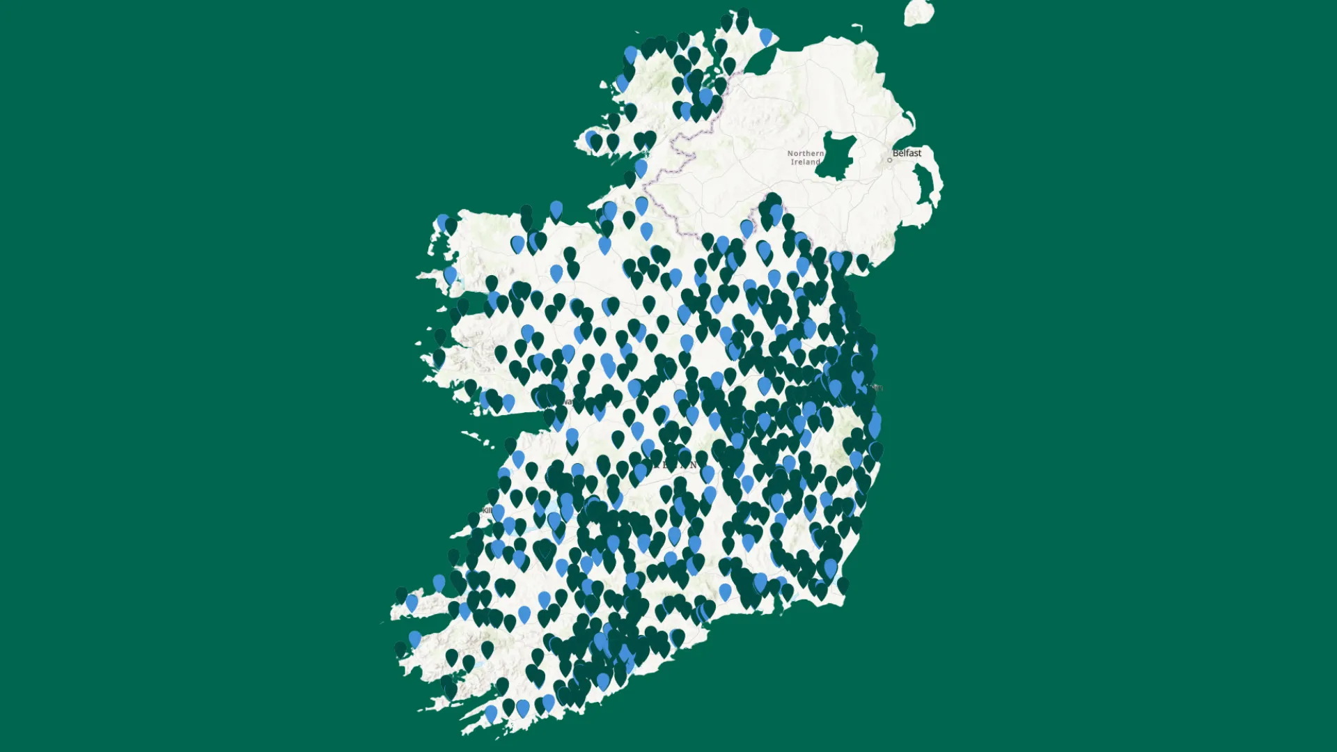 Map of Ireland with numerous location markers distributed across the country depicting special classes
