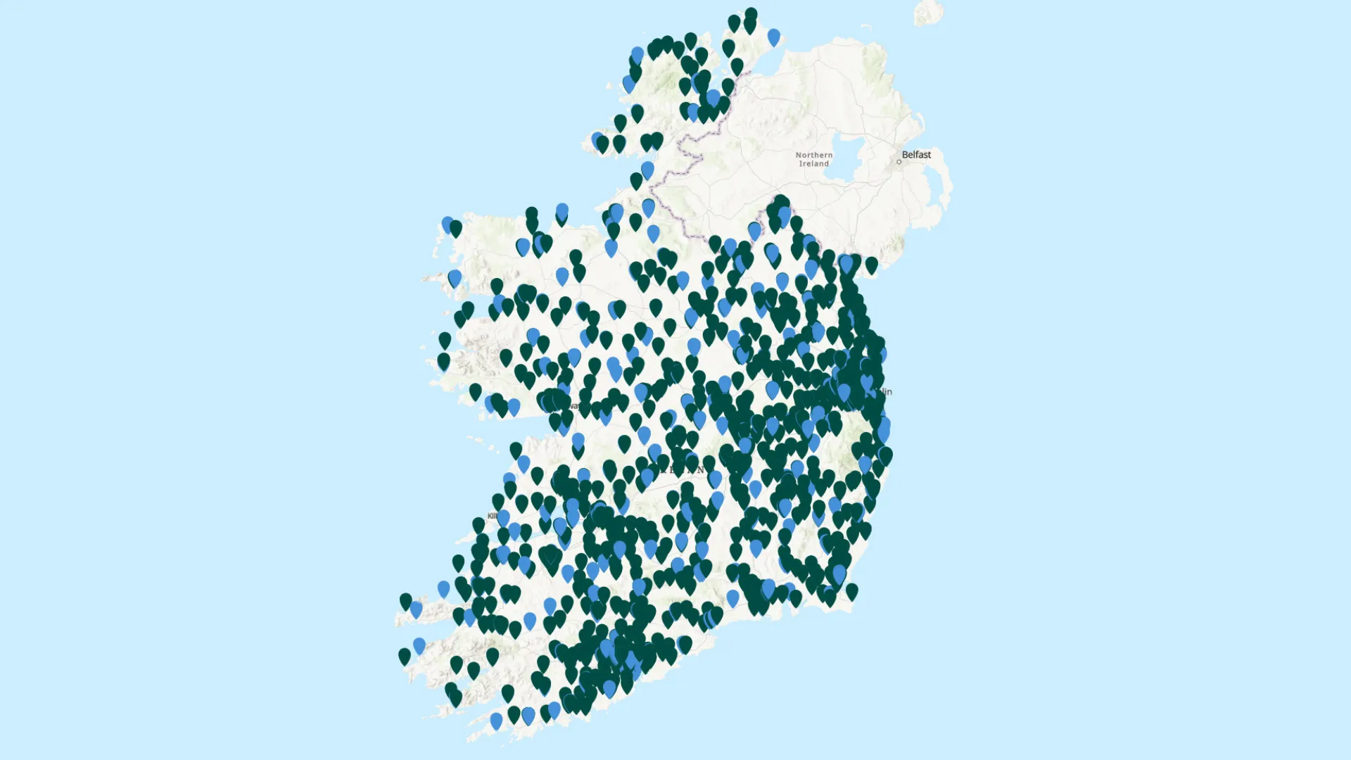 Map of Ireland with numerous location markers distributed across the country depicting special classes