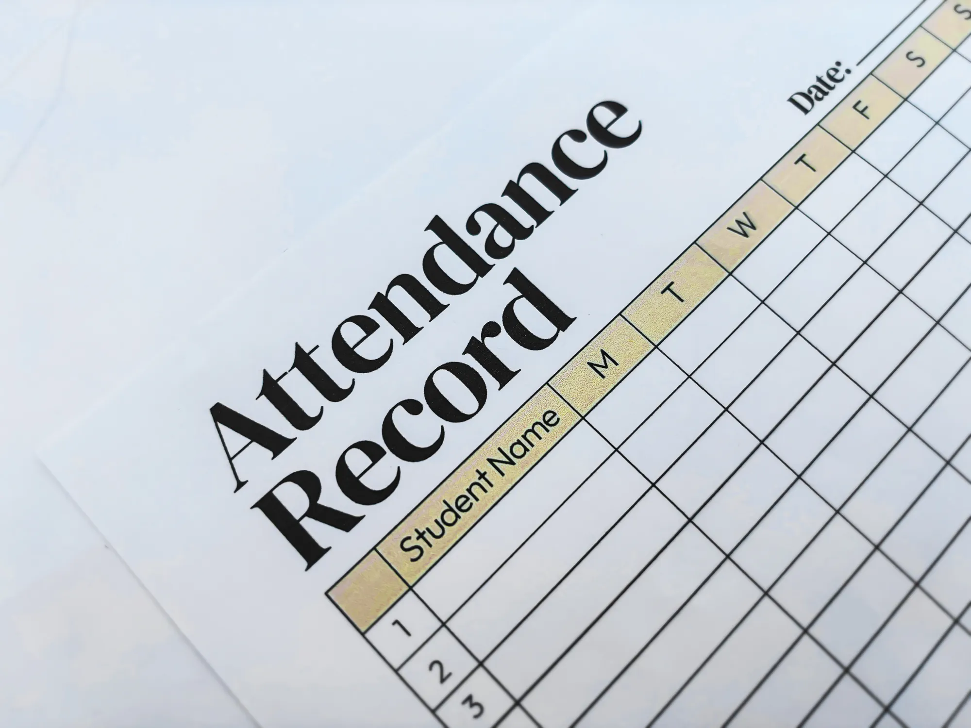 Blank attendance record sheet with columns for days of the week and rows for student names