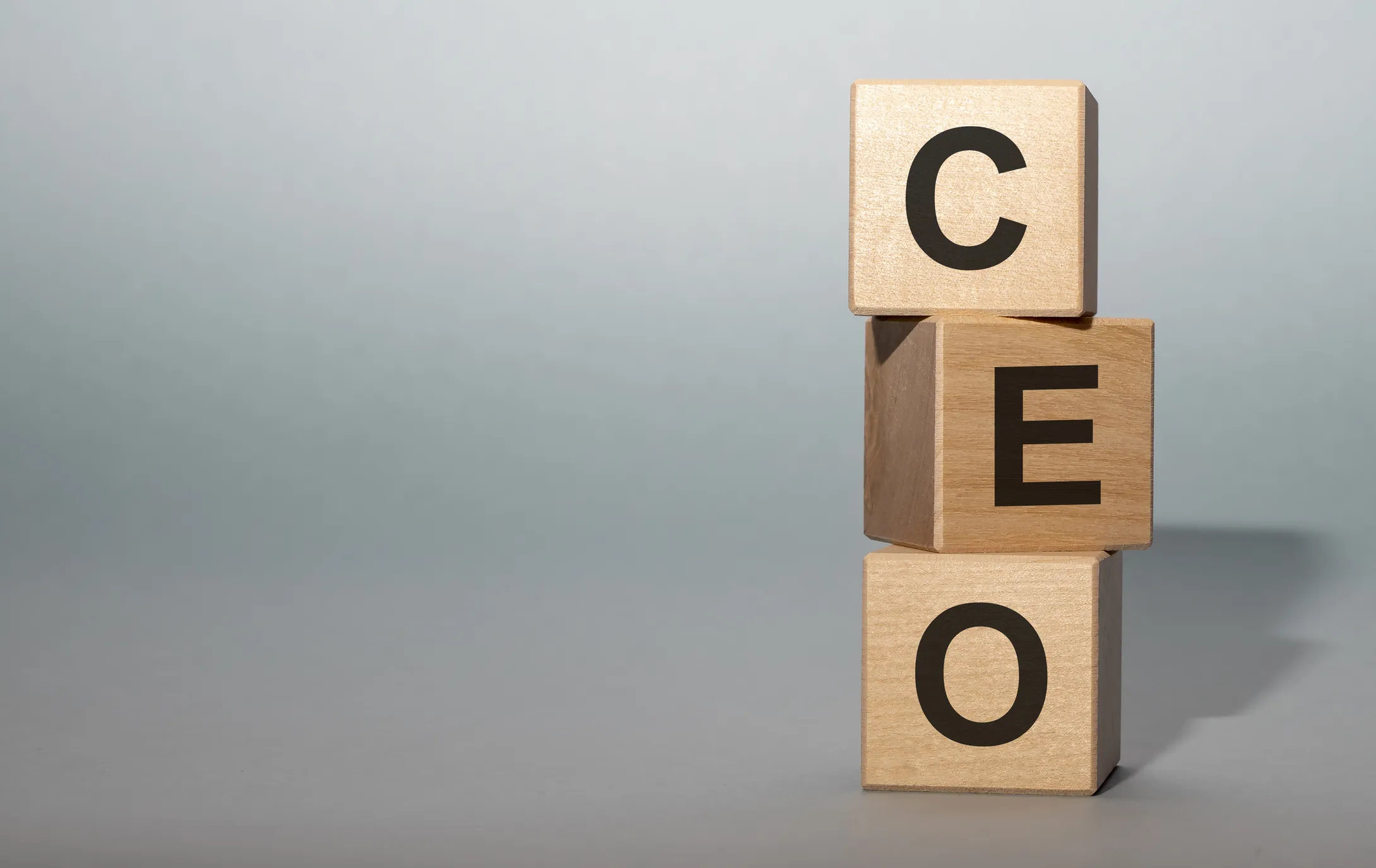 Wooden blocks stacked vertically spelling "CEO".