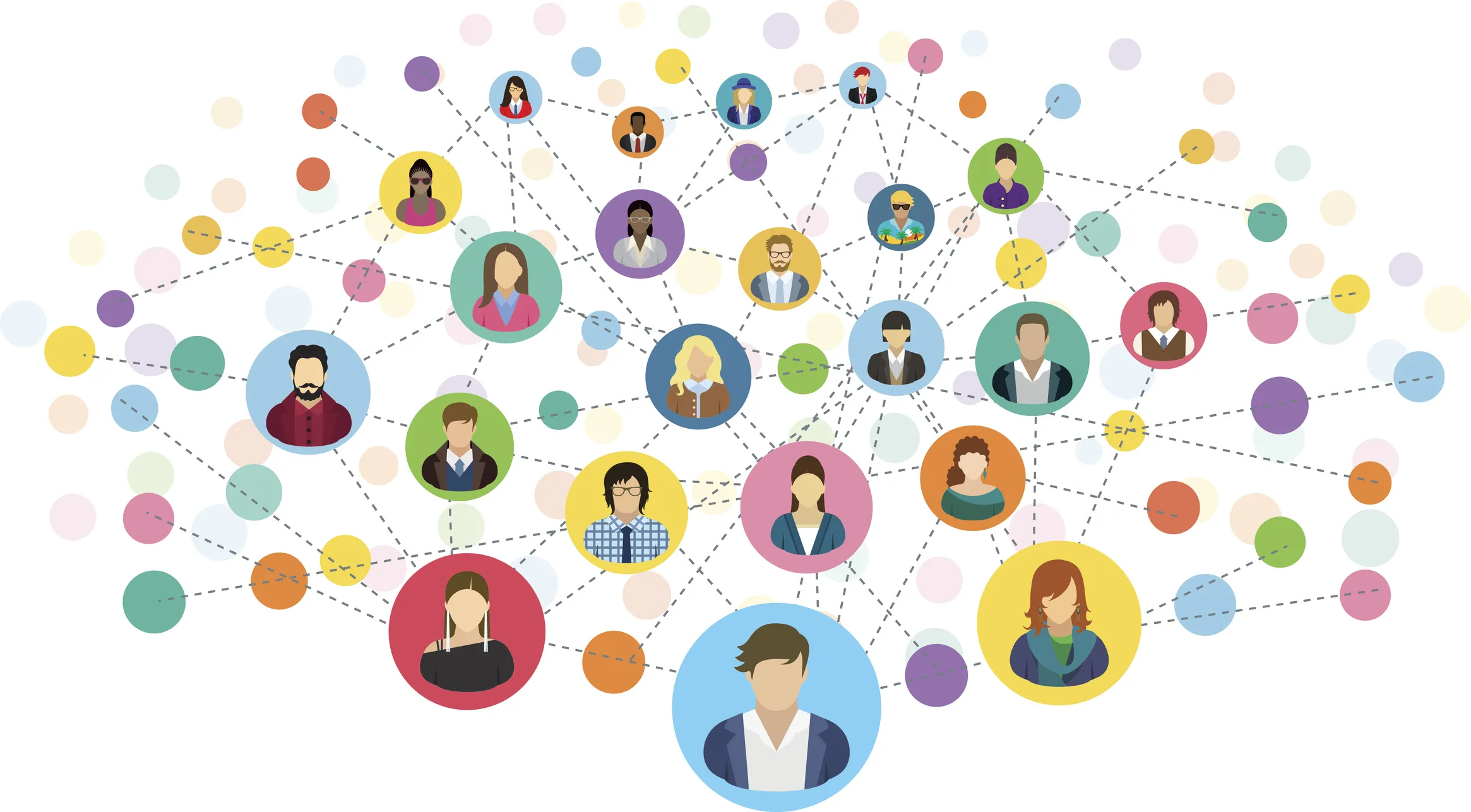 Illustration of diverse people connected by dotted lines in a social network