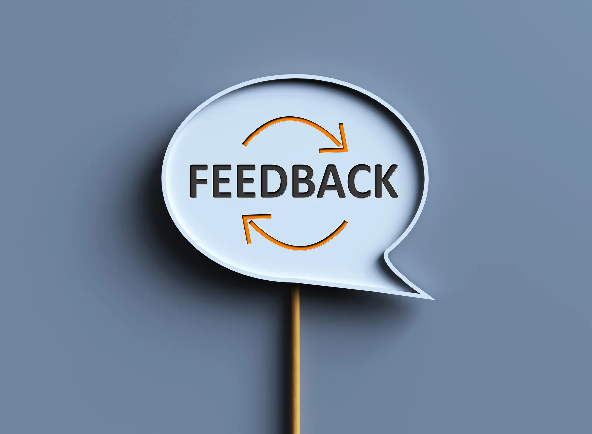 A speech‑bubble‑shaped sign on a stick displaying the word “FEEDBACK” with two curved arrows above and below the text, set against a plain grey background.
