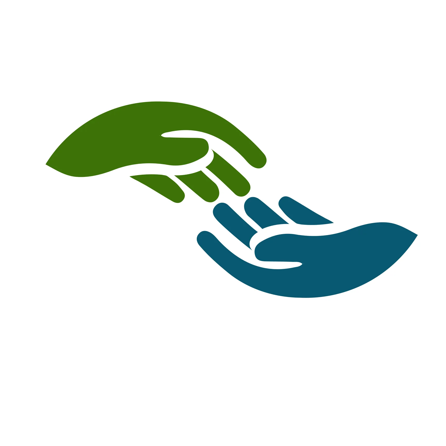 A simple graphic of two stylized hands. One green hand extends downward, and one blue hand reaches upward toward it.