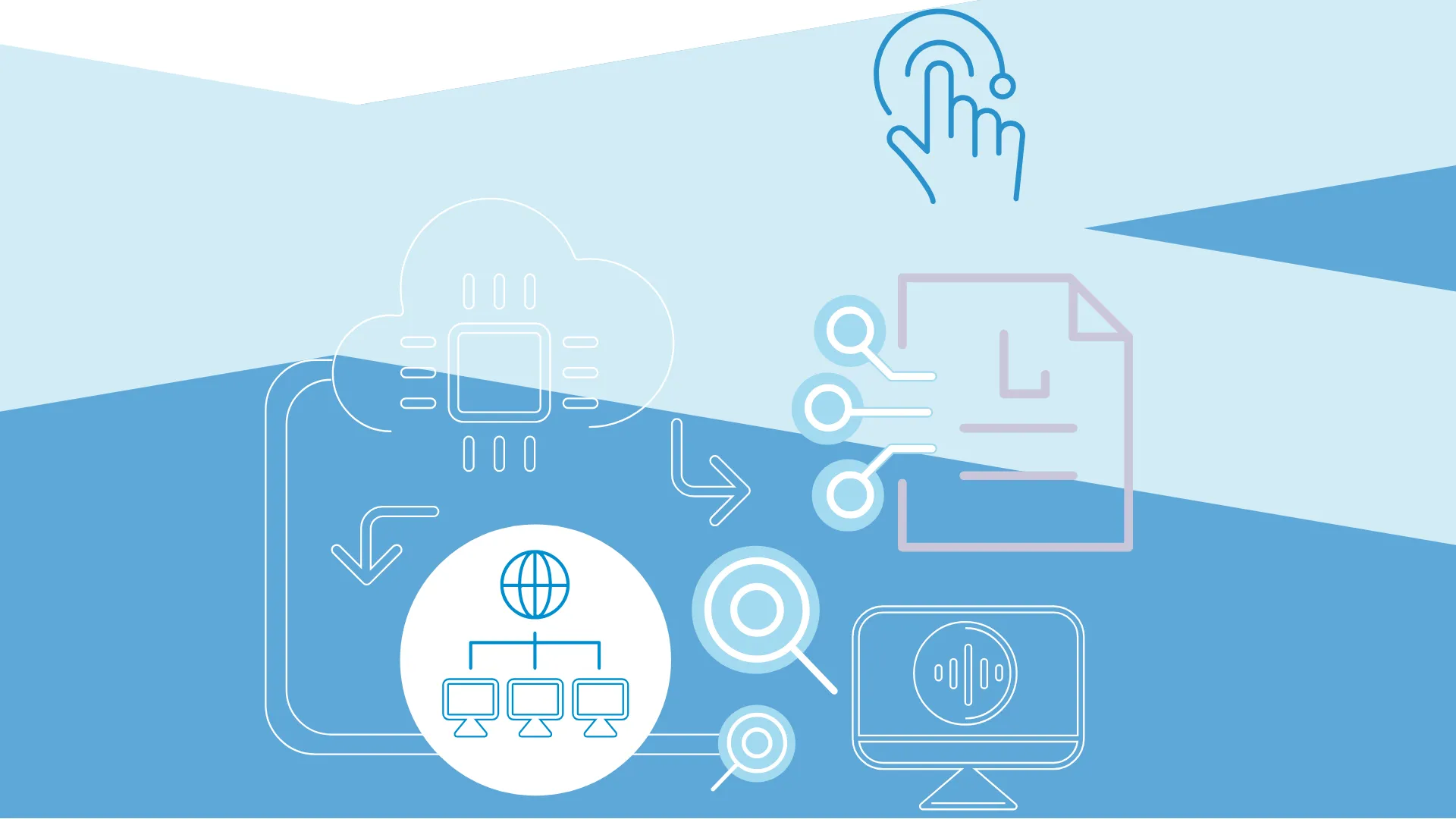 Abstract icons of cloud computing, networking, data analysis, and document management
