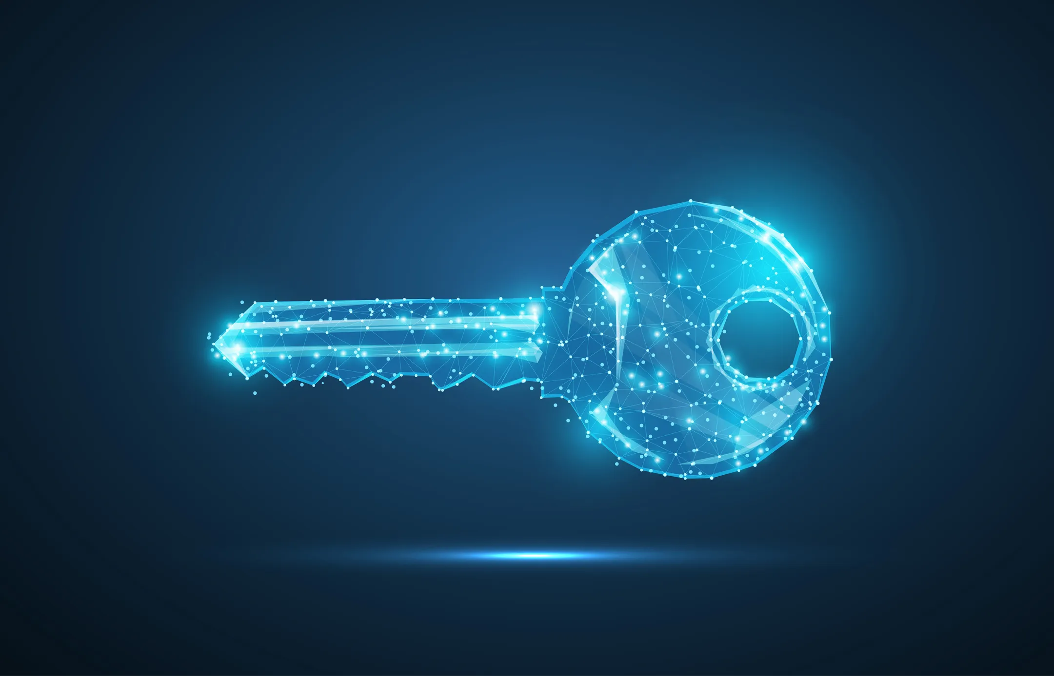A glowing blue digital illustration of a key made of connected points and lines, set against a dark background representing access to data.