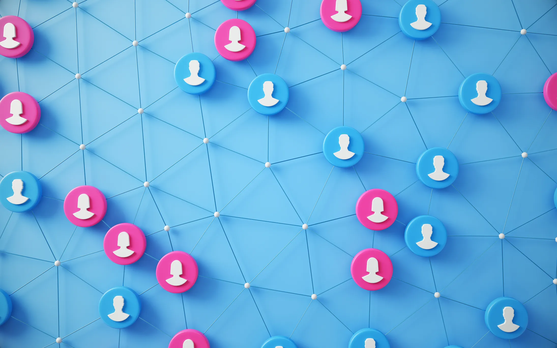 Network of staff icons connected by lines on a blue background