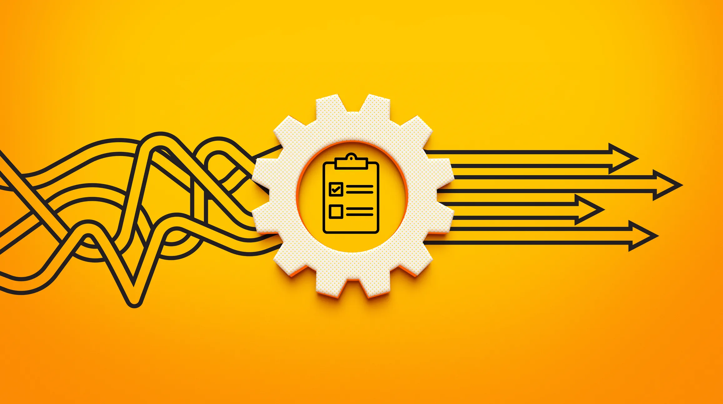 Chaotic, tangled lines being transformed into straight, orderly arrows by a central gear icon that holds a clipboard with a checklist