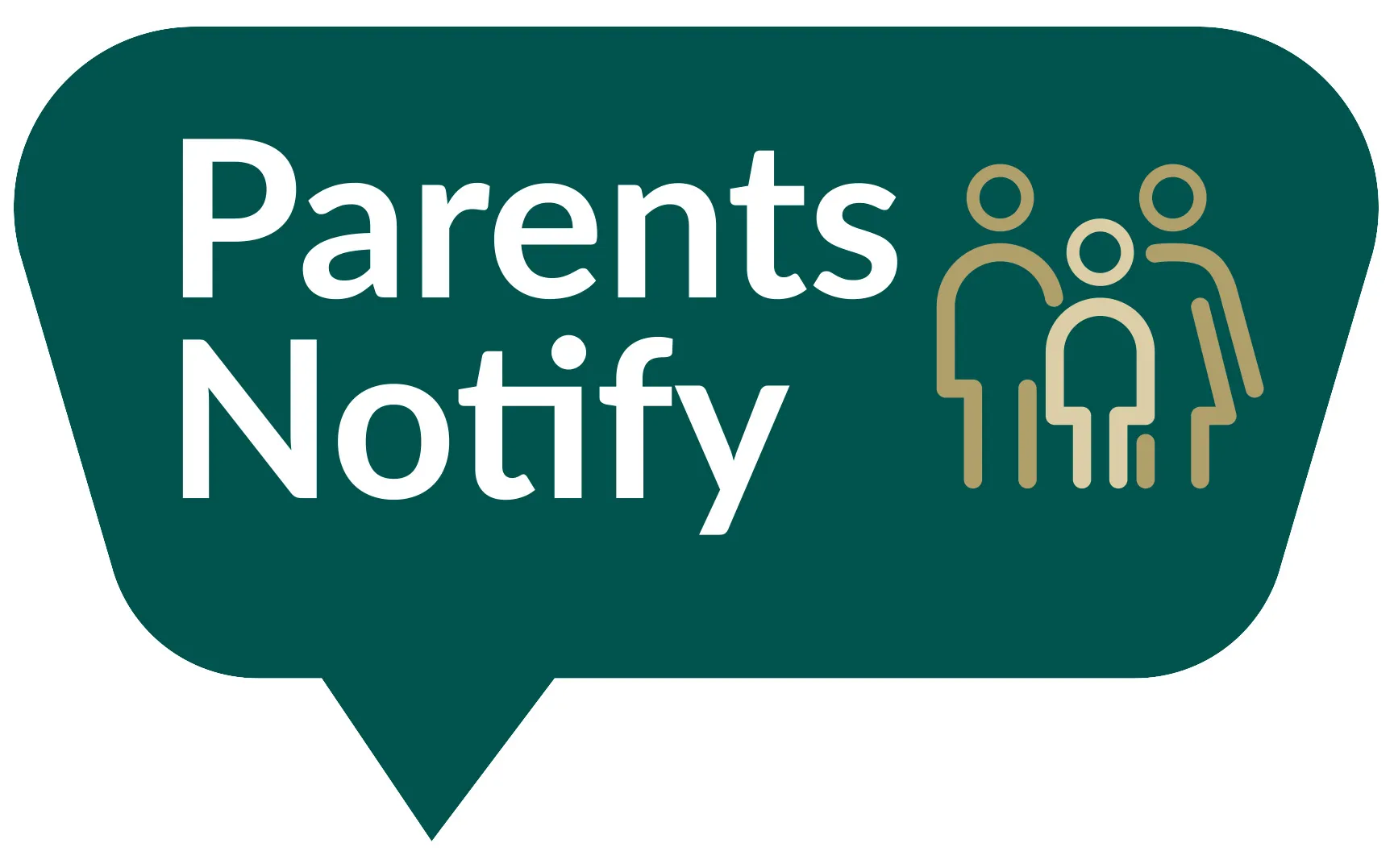 Parents Notify logo. Green speech bubble with an image of a family and the words Parents Notify