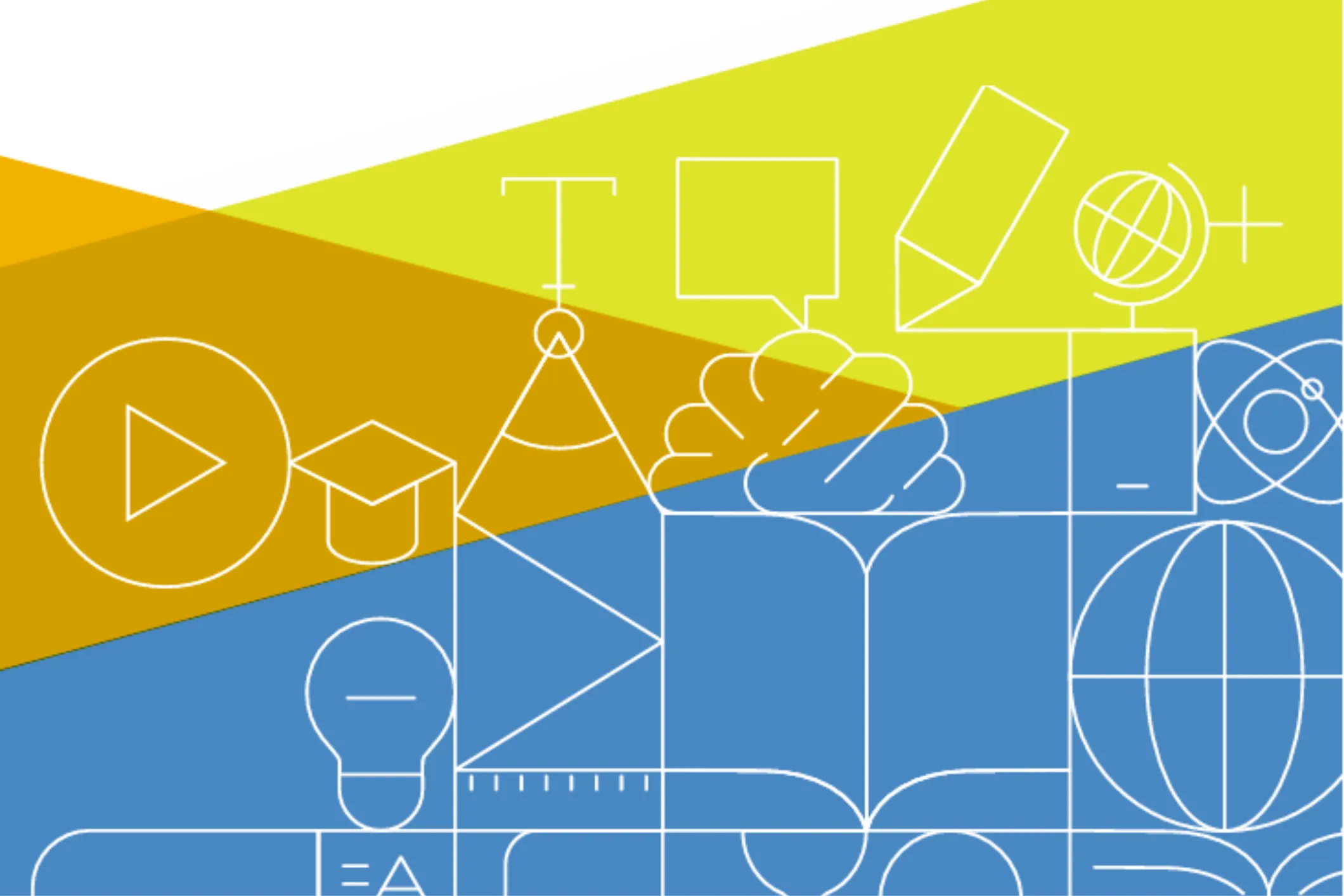 Image from cover of School Inclusion Model cover page. Image is yellow and blue base shapes with line drawings of items used in Education settings such as pencils, books, globe, mortarboard hat and lightbulbs